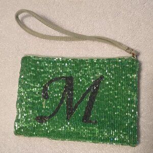 Liz Clairborne Lime Green Beaded Waistlet with Black Letter "M" Coin Purse.